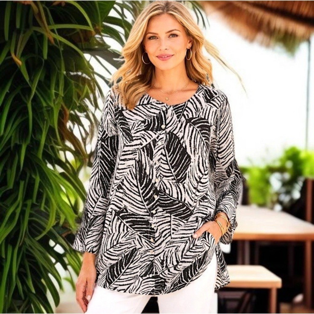 Cynthia Rowley Women's Top 3X 100% Linen Tunic Roll Tab Sleeve Button Palm Leaf